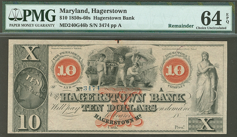 Hagerstown, MD, The Hagerstown Bank 1850s-60s $10 Remainder, 3474ppA, PMG64-EPQ